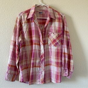 American Sweetheart Plaid Button up Shirt Fits Women’s Large Western Rodeo Farm